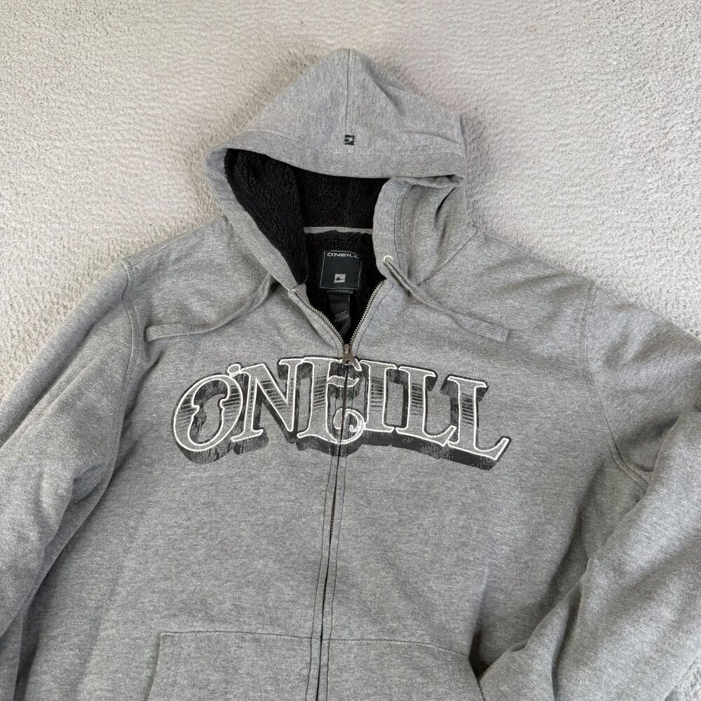 O'NEILL Hoodie Men L Gray Zip Up Sherpa Lined Grunge Surf Fleece Heavyweight Y2K